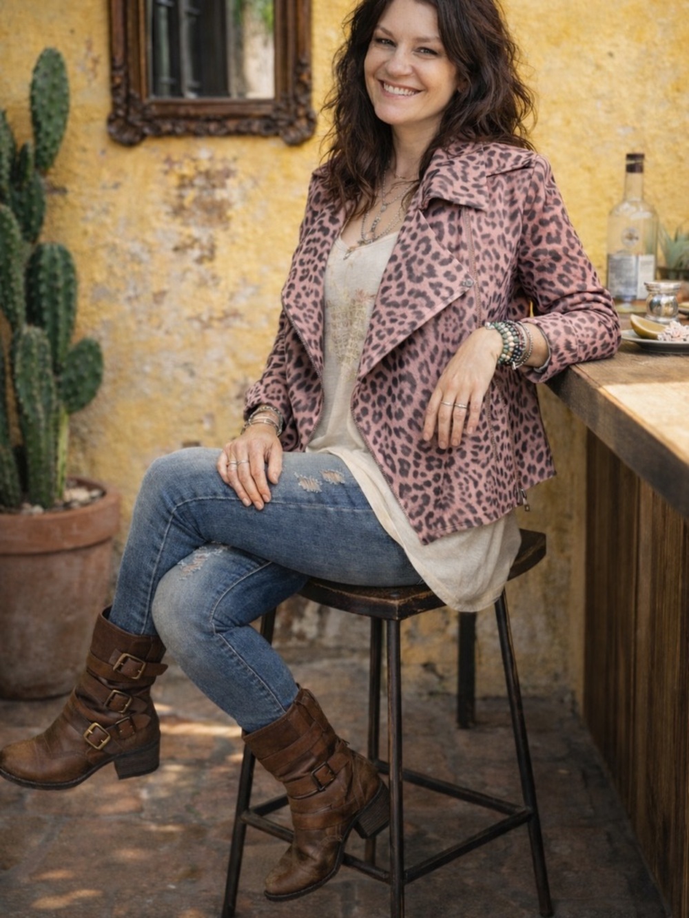 ODDY Pink Leopard Print Open-Front Moto Jacket